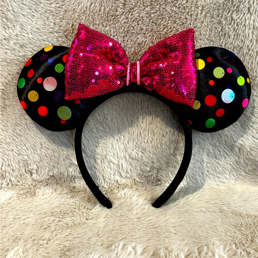 Disney Parks Minnie Ears Black Sequin Pink Bow